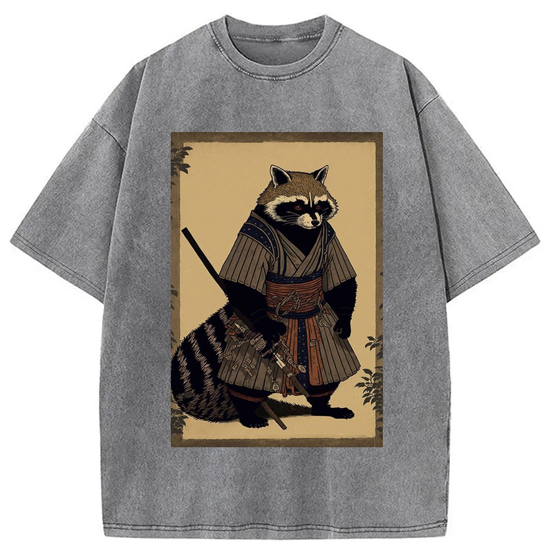Modecanvas japanese Raccoon Samurai Washed T-Shirt