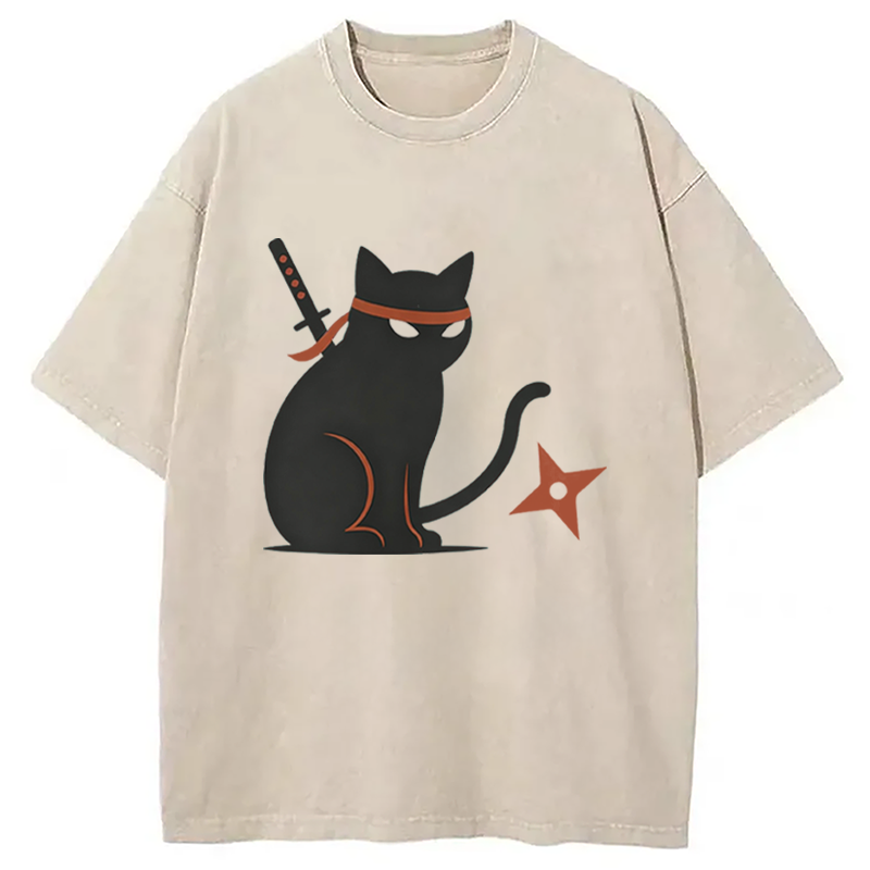 Modecanvas Japanese Ninja Neko Kimono Cat DTG Printing Washed T-Shirt