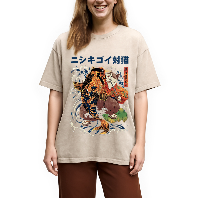 Modecanvas The Cat And The Koi DTG Printing Washed T-Shirt