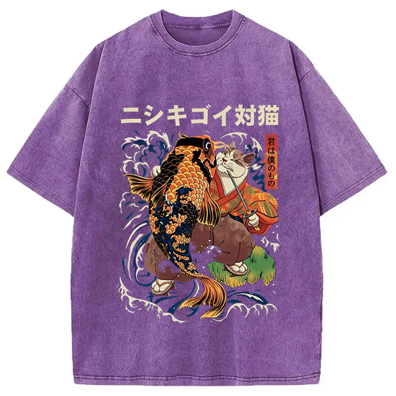 Modecanvas The Cat And The Koi DTG Printing Washed T-Shirt