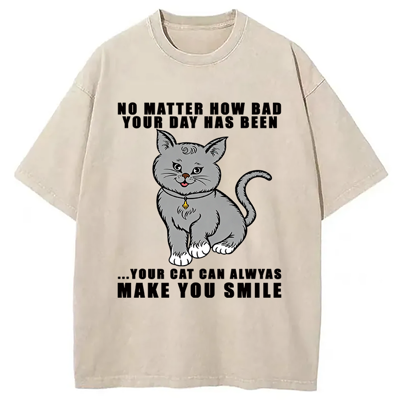 Modecanvas Funny Cat Make You Smile DTG Printing Washed T-Shirt