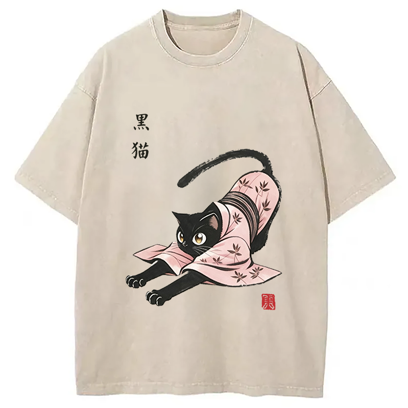 Modecanvas Yoga Black Cat DTG Printing Washed T-Shirt