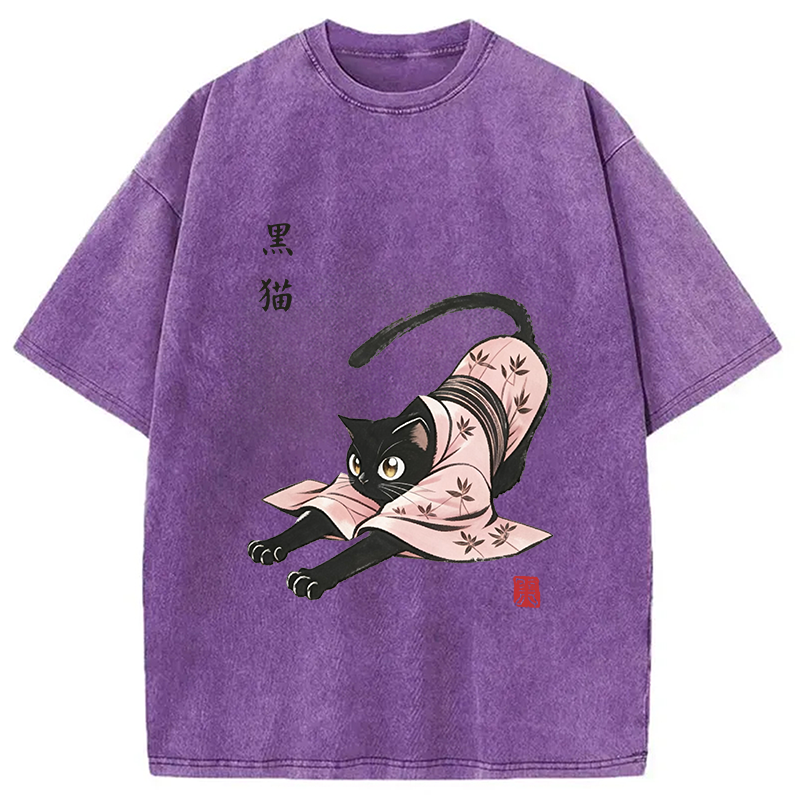 Modecanvas Yoga Black Cat DTG Printing Washed T-Shirt