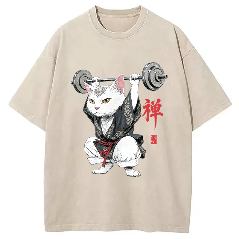 Modecanvas Zen Samurai Cat Weightlifter DTG Printing Washed T-Shirt