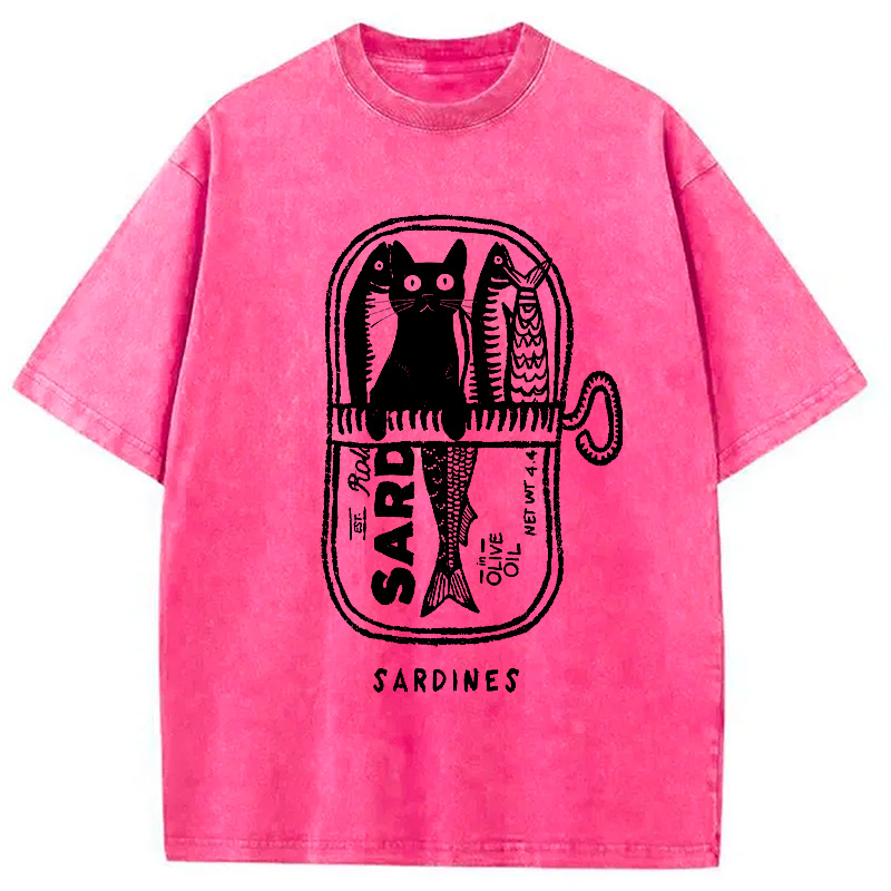 Modecanvas Cat Hiding In A Sardine Can Washed T-Shirt-modecanvas