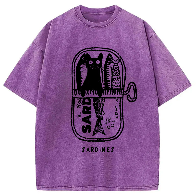 Modecanvas Cat Hiding In A Sardine Can Washed T-Shirt-modecanvas