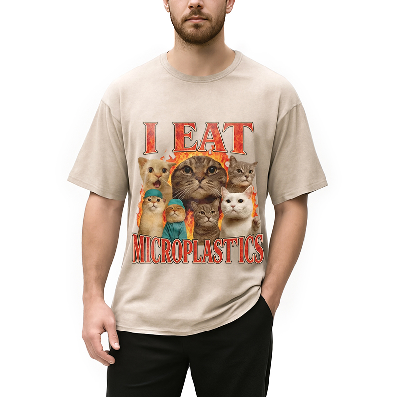 Modecanvas I Eat Microplastics Funny Cat DTG Printing Washed T-Shirt