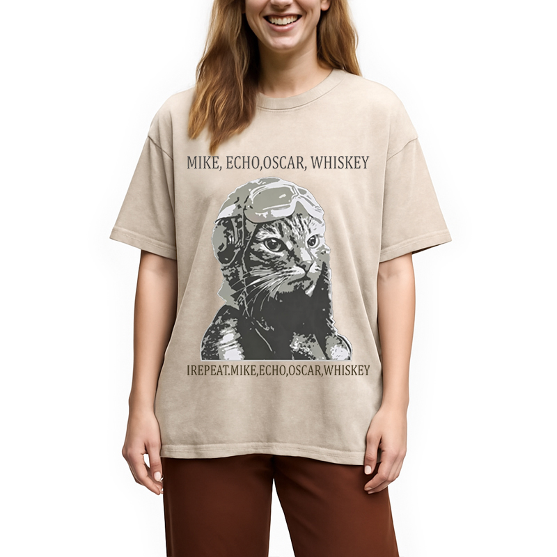 Modecanvas Funny Pilot Cat Meme DTG Printing Washed T-Shirt