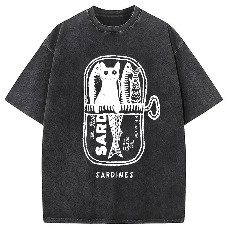 Modecanvas Cat Hiding In A Sardine Can Washed T-Shirt-modecanvas
