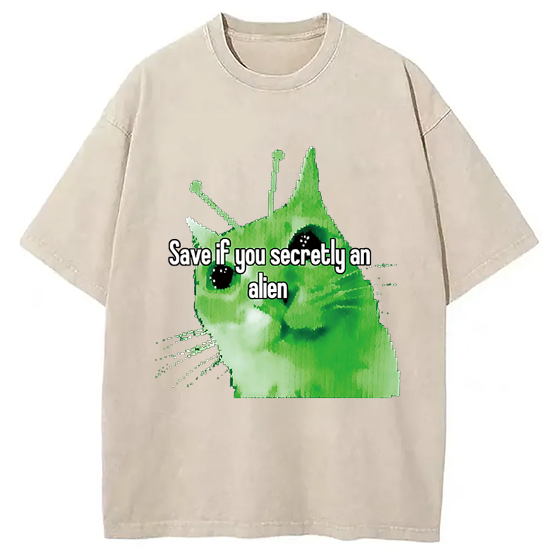 Modecanvas Alien Cat Meme Funny DTG Printing Washed T-Shirt