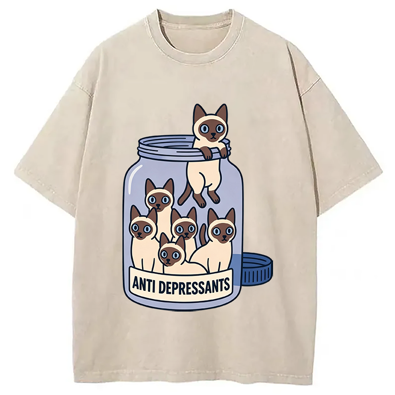 Modecanvas Cute Siamese DTG Printing Washed T-Shirt