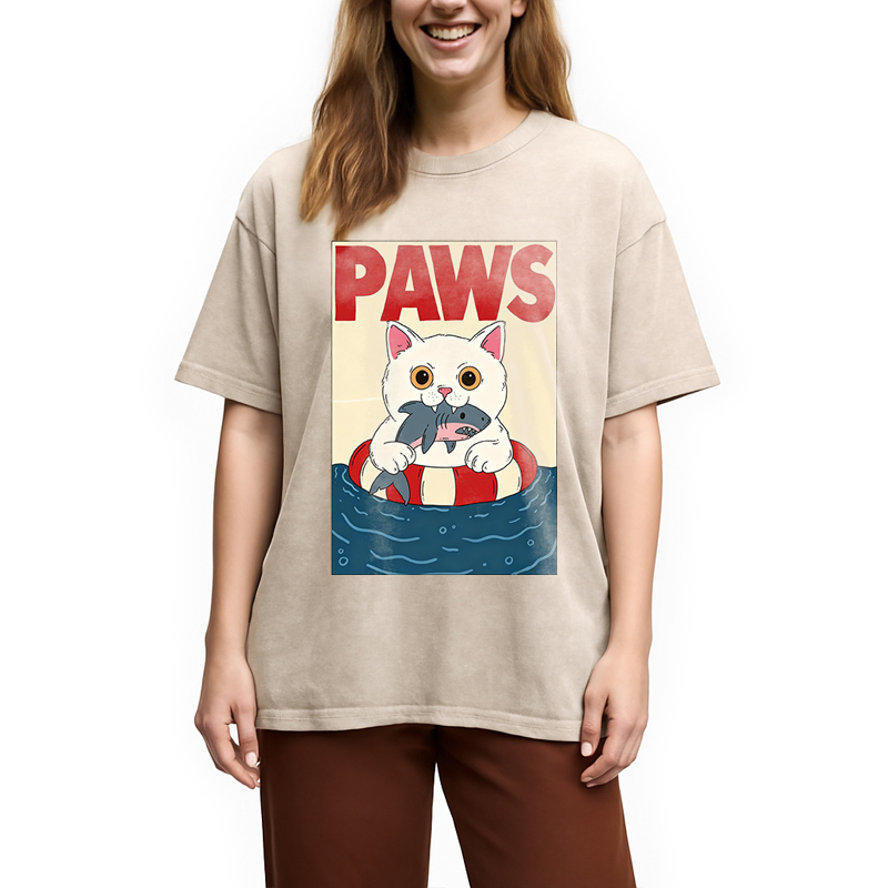 Modecanvas Cat Eats Shark DTG Printing Washed T-Shirt