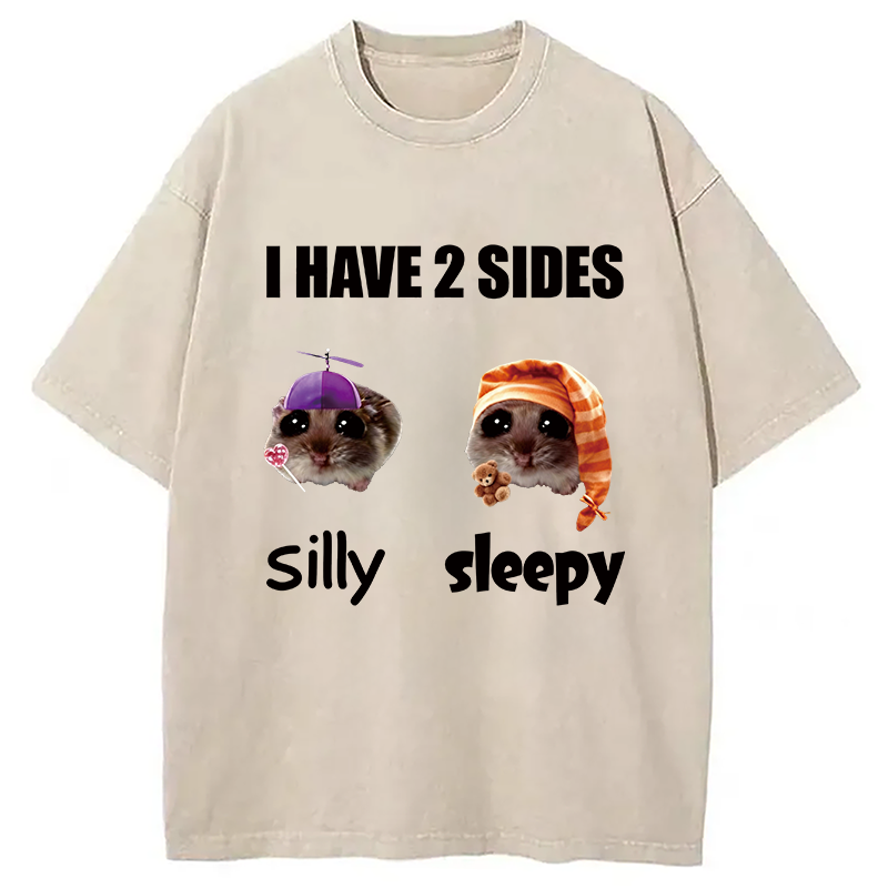 Modecanvas I Have 2 Sides Silly Sleepy Rat Meme DTG Printing Washed T-Shirt