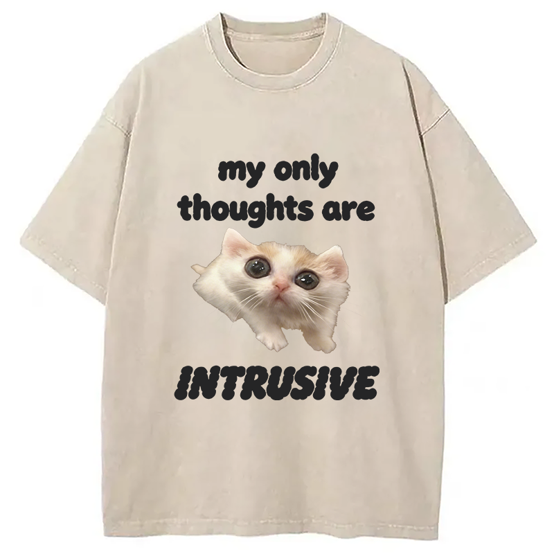 Modecanvas My Thoughts Are Only Intrusive Cat DTG Printing Washed T-Shirt