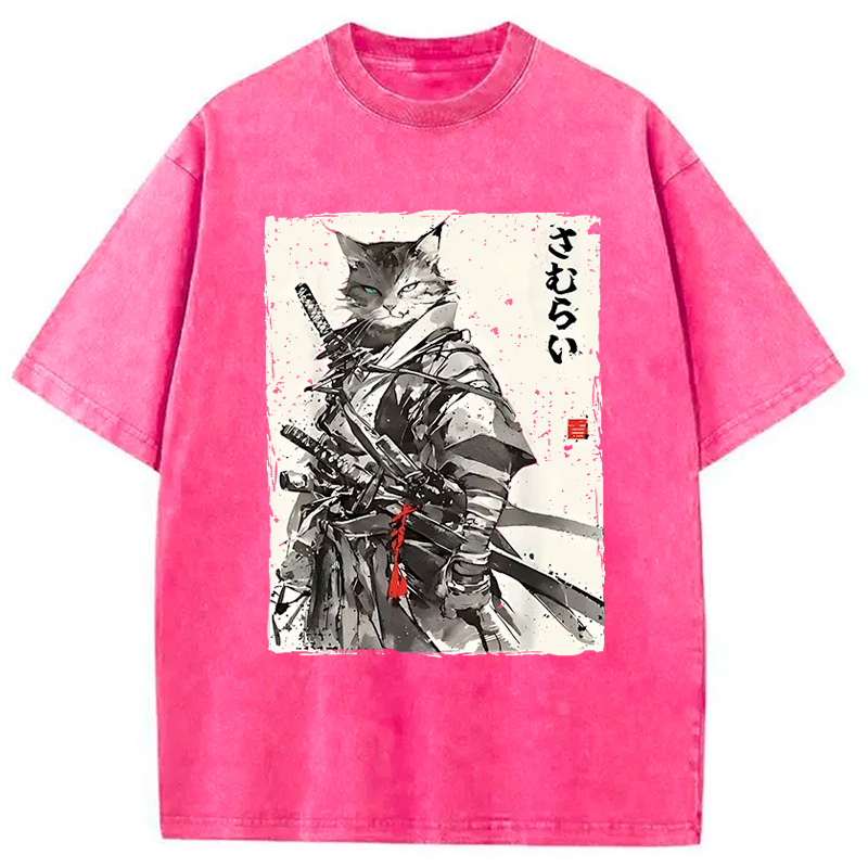 Modecanvas Retro Japanese Cat Samurai Washed T-Shirt