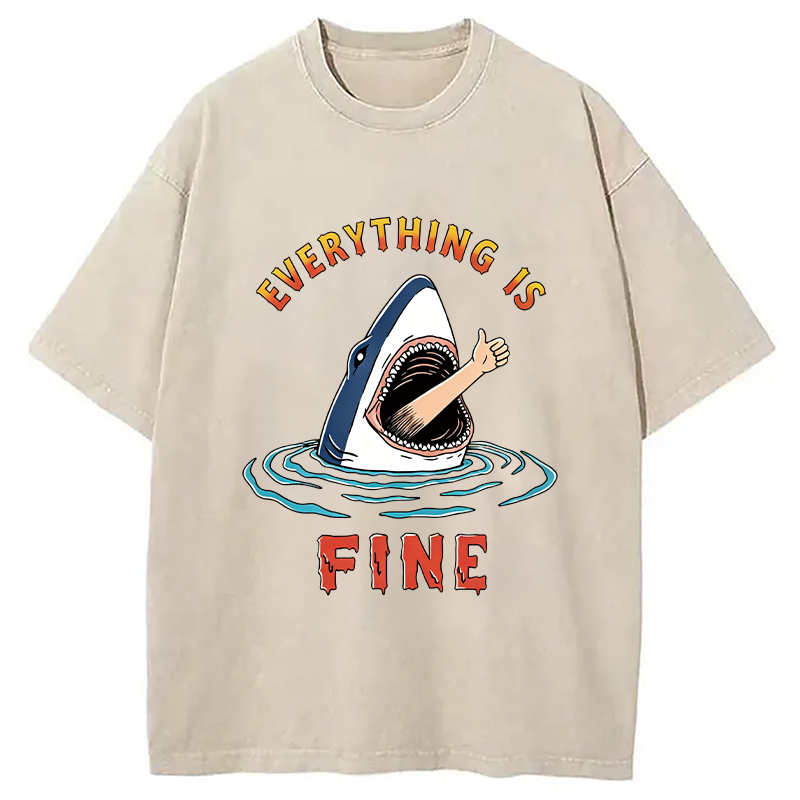 Modecanvas Everything Is Fine Shark DTG Printing Washed T-Shirt
