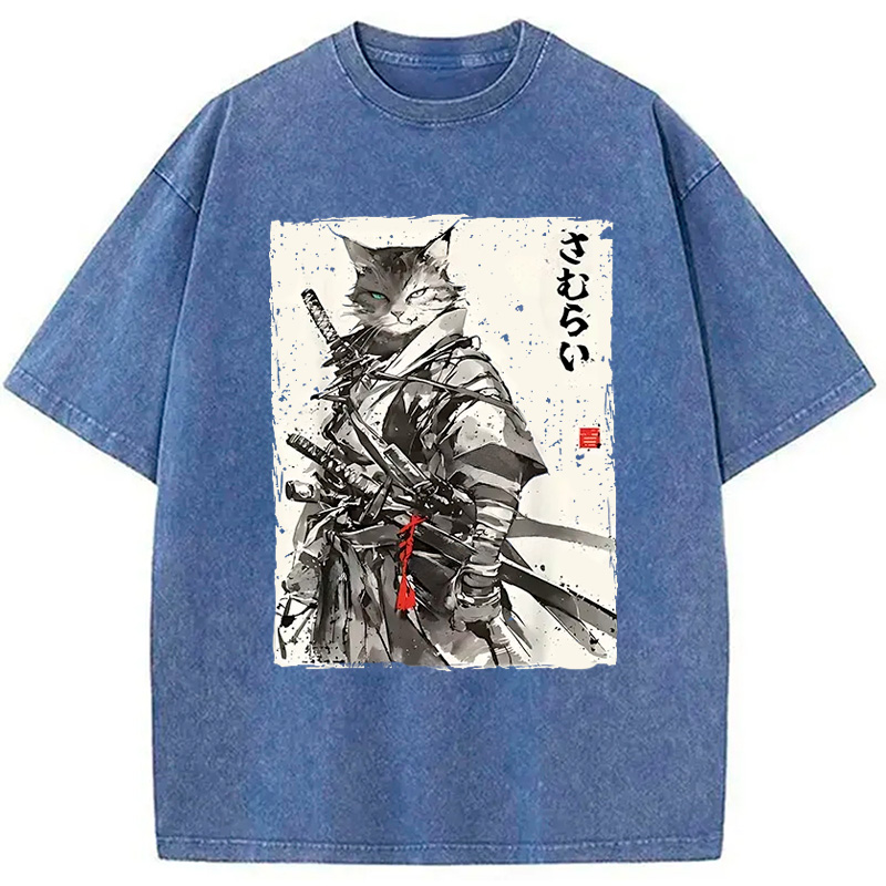 Modecanvas Retro Japanese Cat Samurai Washed T-Shirt