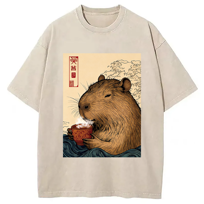 Modecanvas Capybara with Morning Tea DTG Printing Washed T-Shirt