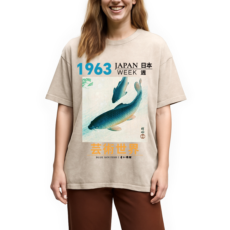 Modecanvas Blue Koi Fish DTG Printing Washed T-Shirt