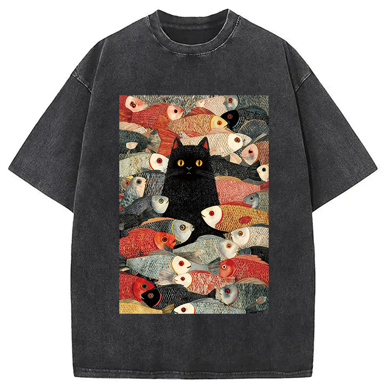 Modecanvas Black Cat Koi Fish Washed T-Shirt-modecanvas
