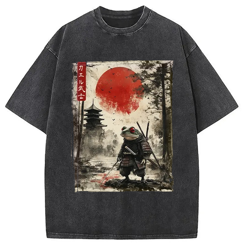 Modecanvas Retro Frog Samurai Japan Washed T-Shirt