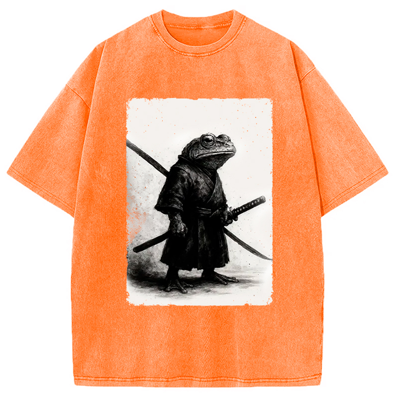 Modecanvas Retro Frog Samurai Japanese Washed T-Shirt