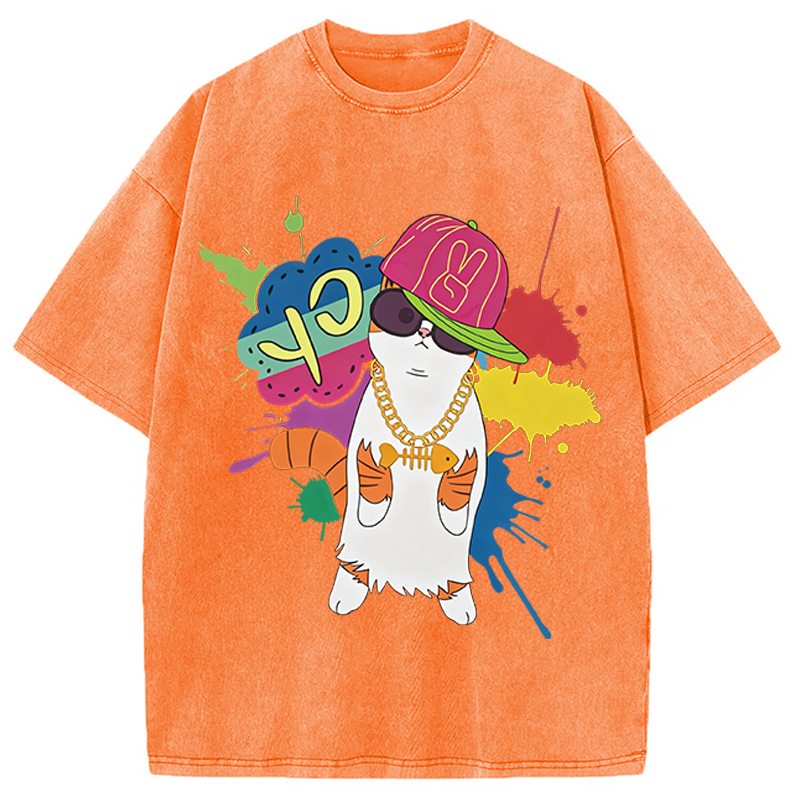 Modecanvas Hip Hop Cat DTG Printing Washed T-Shirt