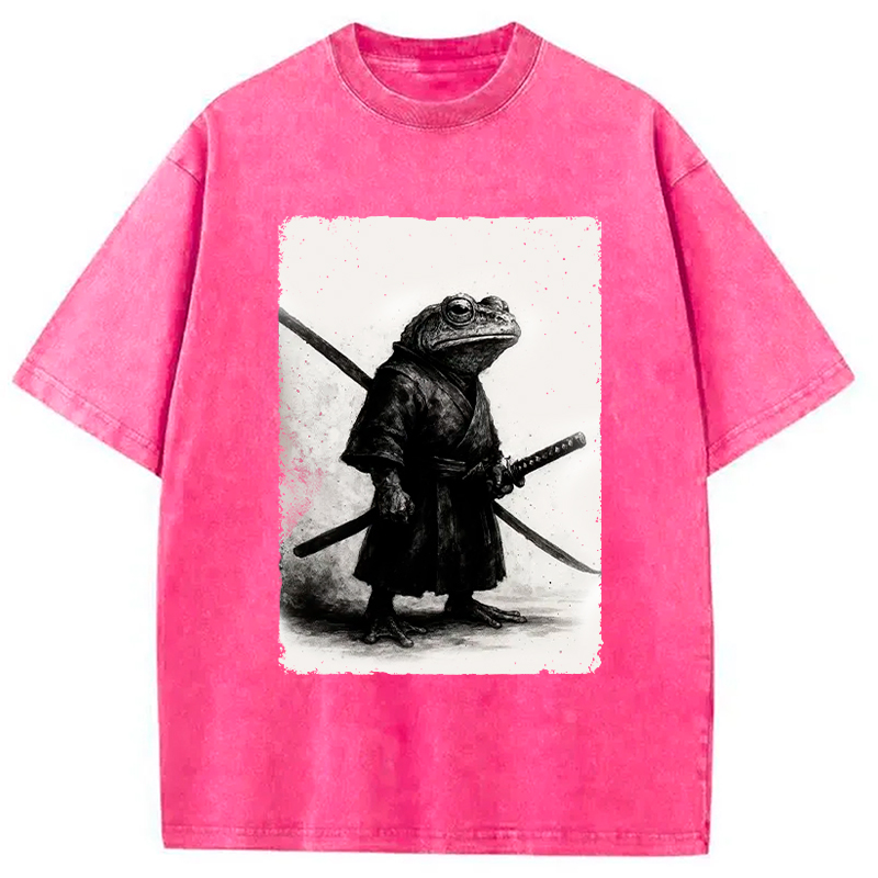 Modecanvas Retro Frog Samurai Japanese Washed T-Shirt