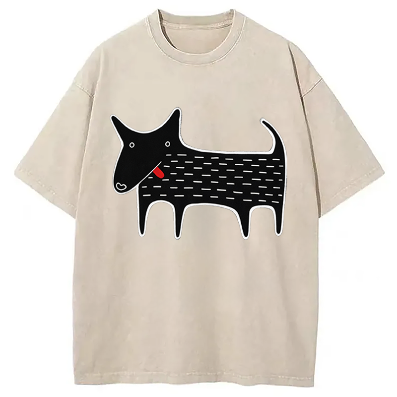 Modecanvas Black Dog Kawaii Folk Art DTG Printing Washed T-Shirt