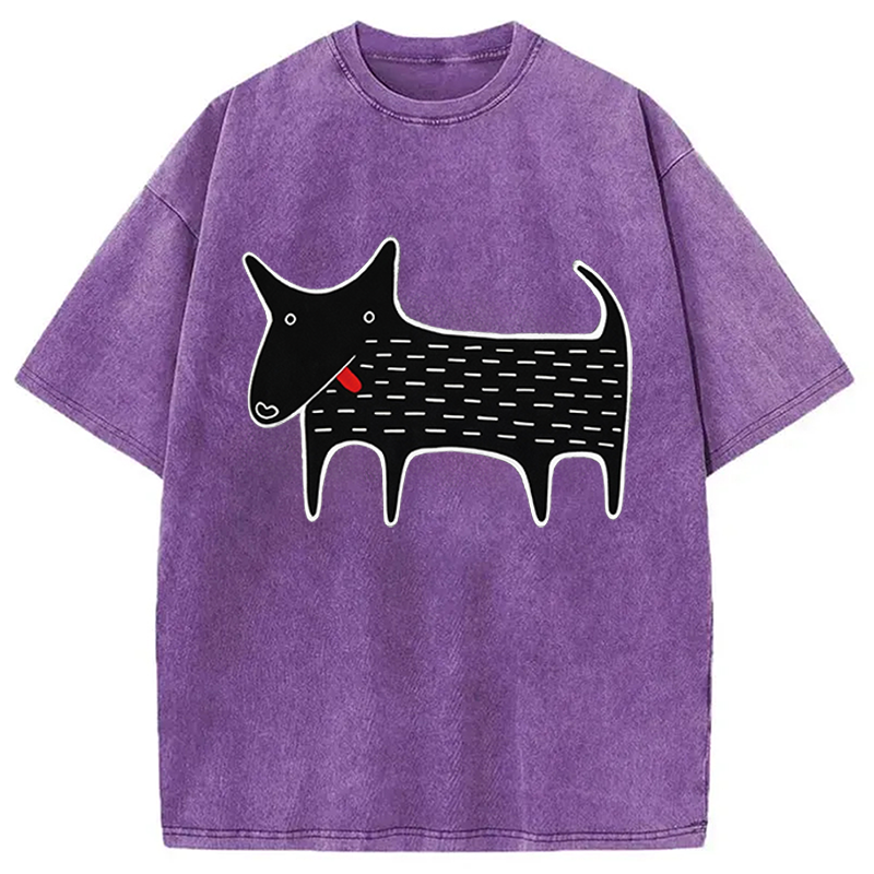 Modecanvas Black Dog Kawaii Folk Art DTG Printing Washed T-Shirt