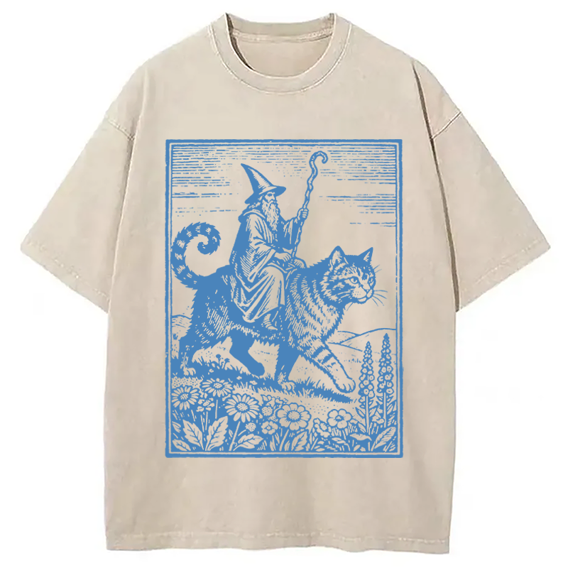 Modecanvas Wizard Cat Rider Vintage DTG Printing Washed T-Shirt