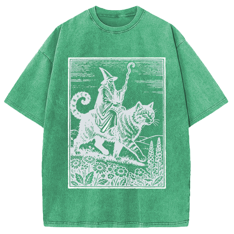 Modecanvas Wizard Cat Rider Vintage DTG Printing Washed T-Shirt
