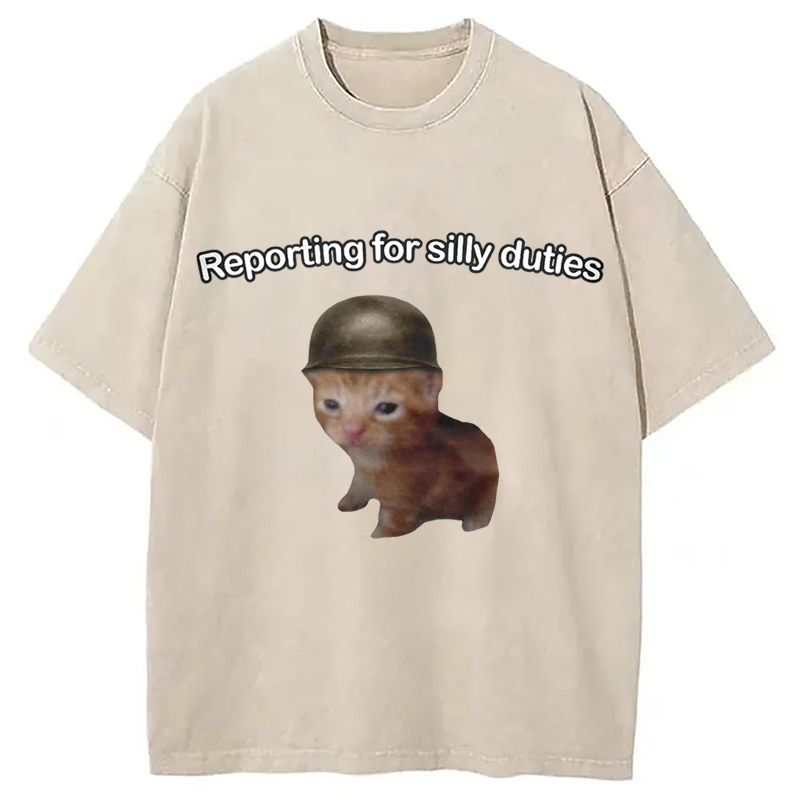 Modecanvas Reporting for Silly Duties Funny Cat Meme DTG Printing Washed T-Shirt