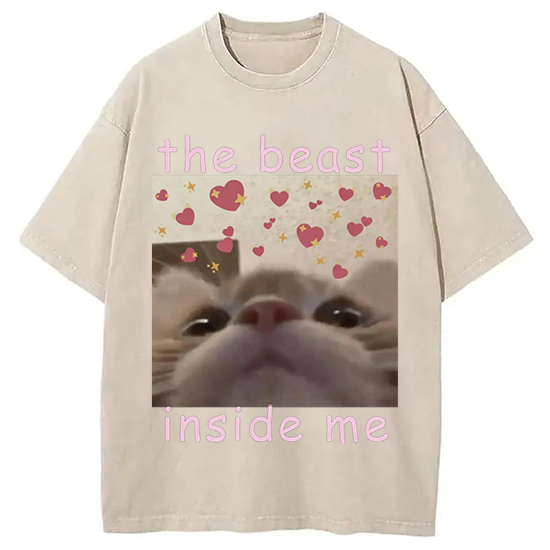 Modecanvas The beast inside me Cat Meme DTG Printing Washed T-Shirt