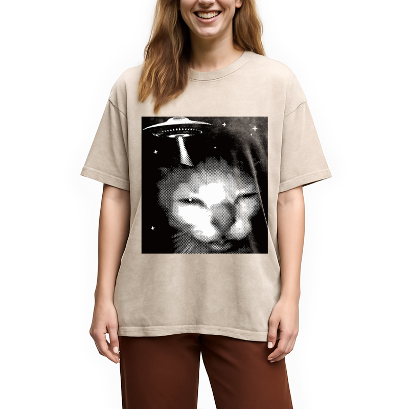 Modecanvas Alien Cat Meme UFO Vintage DTG Printing Washed T-Shirt