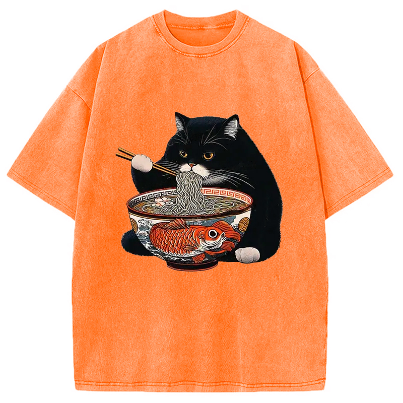 Modecanvas Fat Cat Eating Ramen Washed T-Shirt-modecanvas