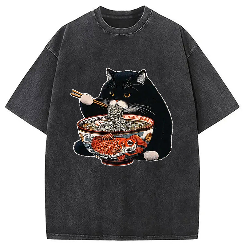 Modecanvas Fat Cat Eating Ramen Washed T-Shirt-modecanvas
