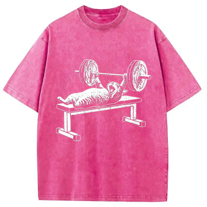 Modecanvas Funny Cat Gym DTG Printing Washed T-Shirt