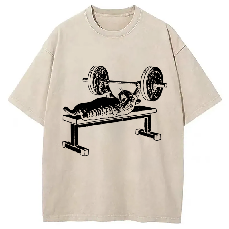 Modecanvas Funny Cat Gym DTG Printing Washed T-Shirt