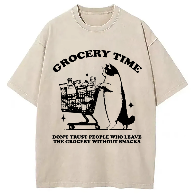 Modecanvas Grocery Time Funny Cat DTG Printing Washed T-Shirt