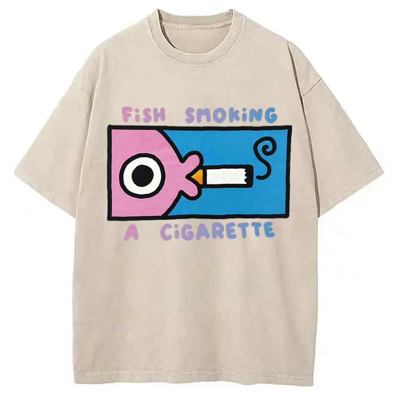 Modecanvas Fish Smoking A Cigarette DTG Printing Washed T-Shirt