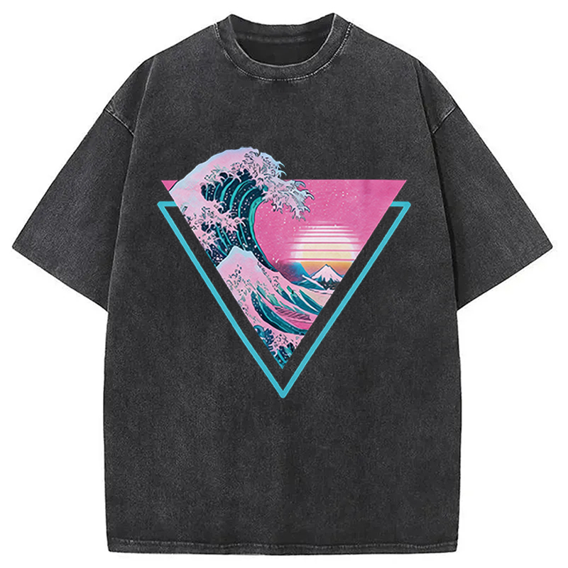 Modecanvas Great Wave Retro Triangle DTG Printing Washed T-Shirt