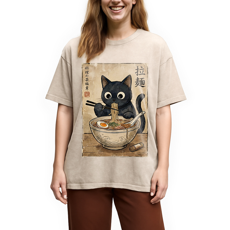 Modecanvas Kawaii Ramen Cat Retro DTG Printing Washed T-Shirt