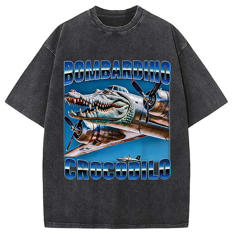 Modecanvas Bombardino Crocodilo Italian Brainrot Meme DTG Printing Washed T-Shirt