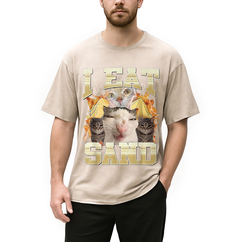 Modecanvas I Eat Sand Cat Meme DTG Printing Washed T-Shirt