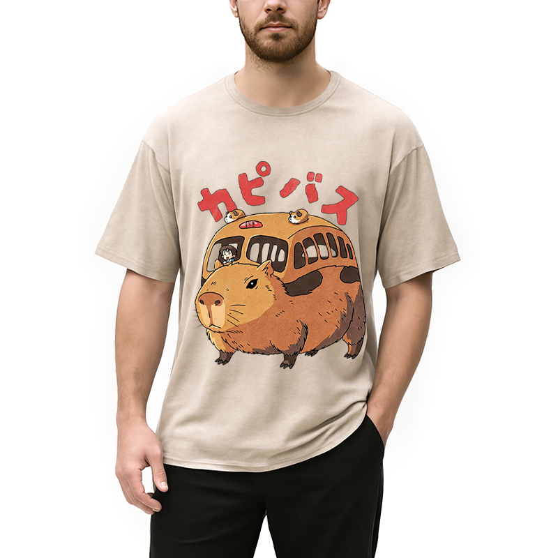 Modecanvas CapyBus Funny DTG Printing Washed T-Shirt