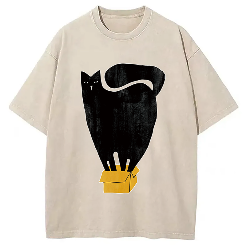 Modecanvas Cat and Box DTG Printing Washed T-Shirt