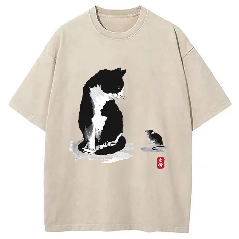 Modecanvas Cat And Mouse Friendship Washed T-Shirt