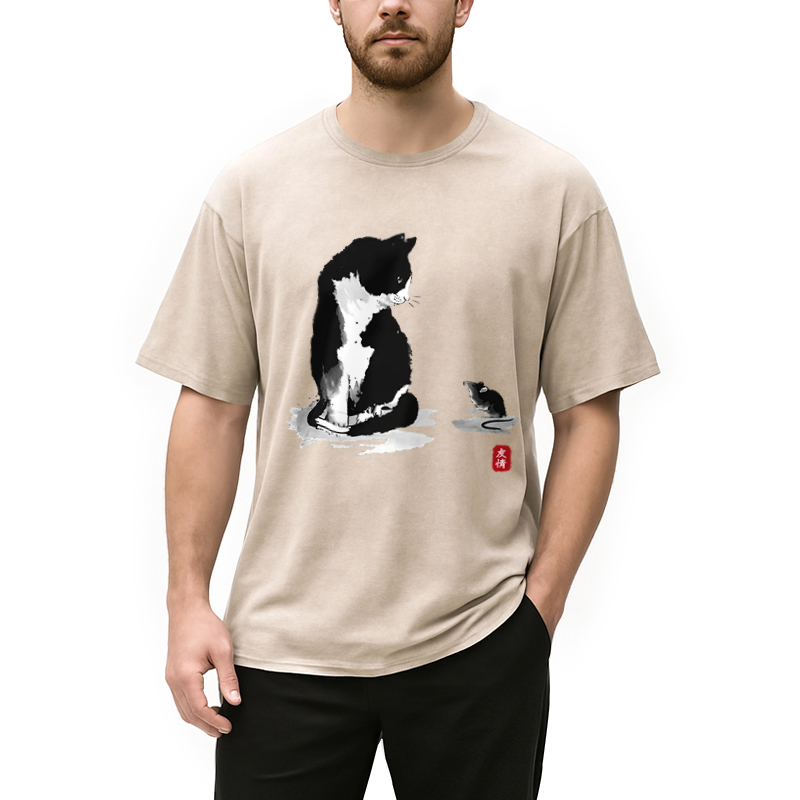 Modecanvas Cat And Mouse Friendship Washed T-Shirt