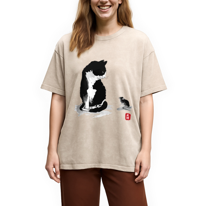 Modecanvas Cat And Mouse Friendship Washed T-Shirt